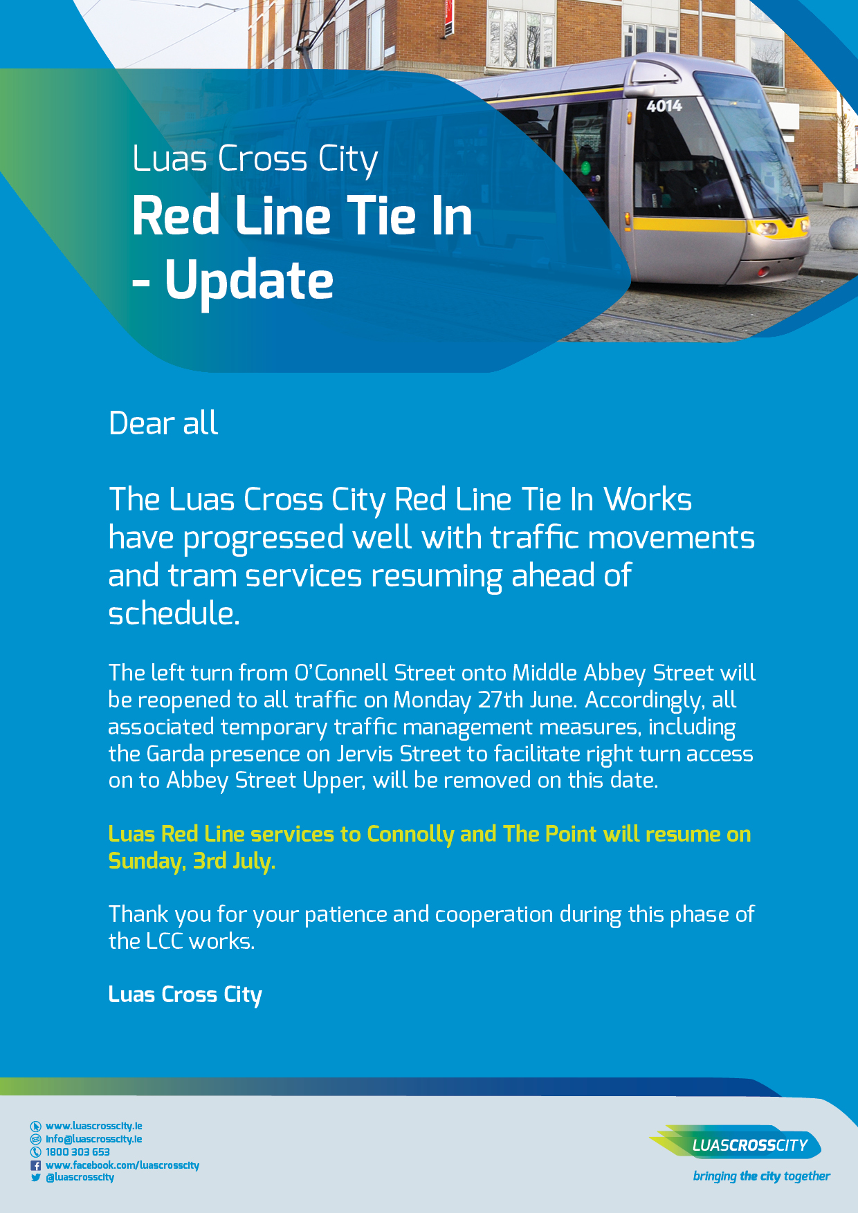 Luas Red Line services between Jervis and the Point to resume ahead of schedule