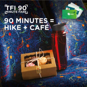 TFI 90 minutes -cakes in a box and a flask, sitting on a TFI seat.