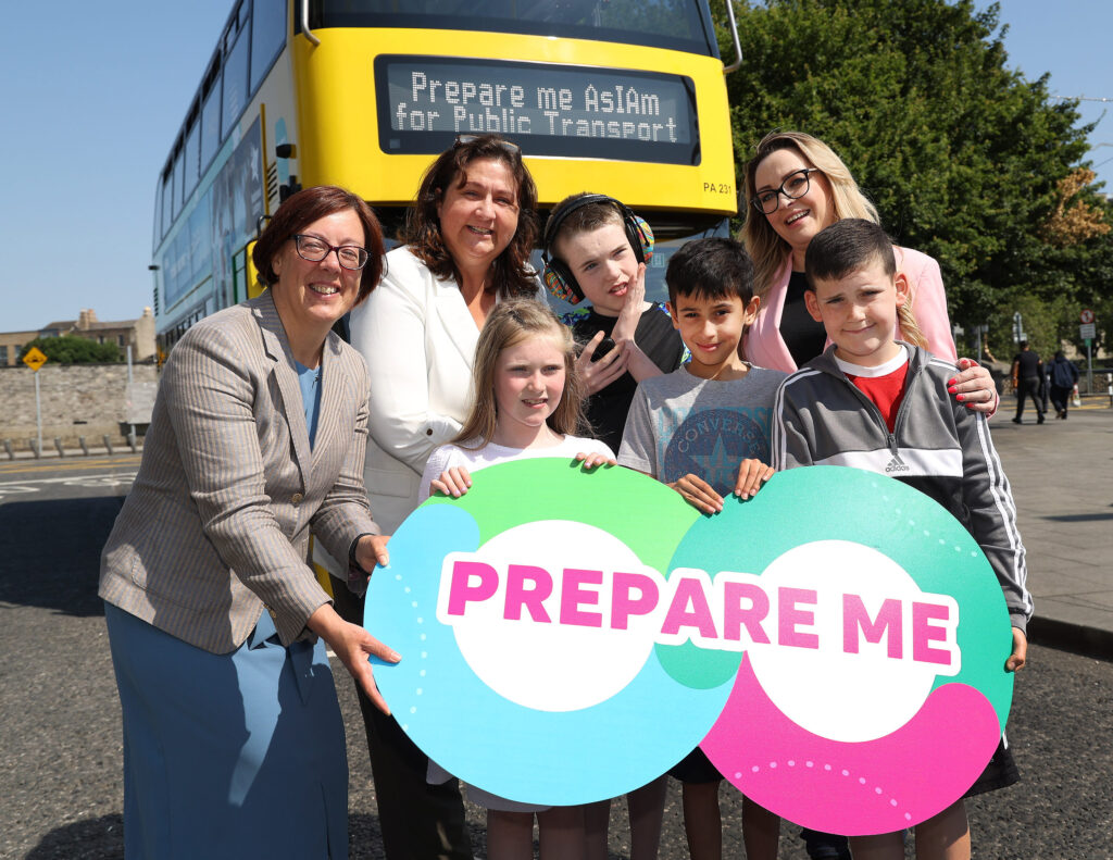 14 June 2023; Orlagh Jones, from Clonee, with her brothers, Gavin and Darragh and Hari Pilla, from Drimnagh, pictured as NTA &amp; AsIAm launched their new public transport initiative: with from left, Anne Graham, CEO of the NTA, The Minister of State at the Department of Health, Children, Equality, Disability and Integration, Anne Rabbitte joined &amp; Fiona Ferris, Deputy CEO of AsIAm to launch a new initiative entitled “Prepare Me AsIAm for Public Transport”. New resources and supports have been developed to build predictability, familiarity and peace-of-mind for autistic people, and to reassure families and supporters while preparing for a journey on the country’s expanding public transport network. Photograph: Julien Behal Photography / NO REPRODUCTION FEE