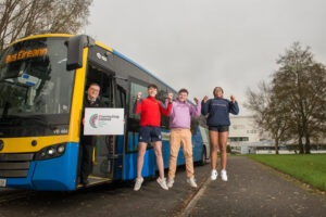 Bus Éireann driver, Pat Ryan with students from the MTU Kerry Campus in Tralee: Sean Woulfe, Stephen Fogarty and Kerry Oba. Photo: Pauline Dennigan