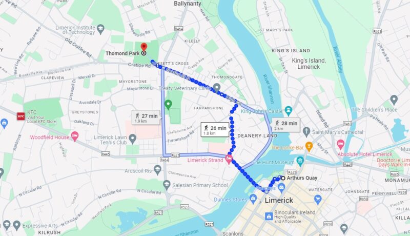 walking routes to Thomond park Limerick from city centre