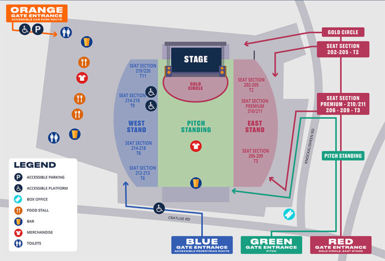 Thomond Park 2024 Map of the stadium with Blue Green Red and Orange Gate entrances