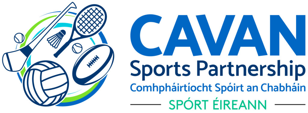 Cavan Sports Partnership logo in blue with graphic of sports equipment
