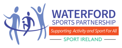 Waterford sports partnership logo - in blue people playing games
