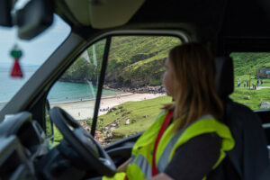 driver view of beach in Achill from TFI Local link parked