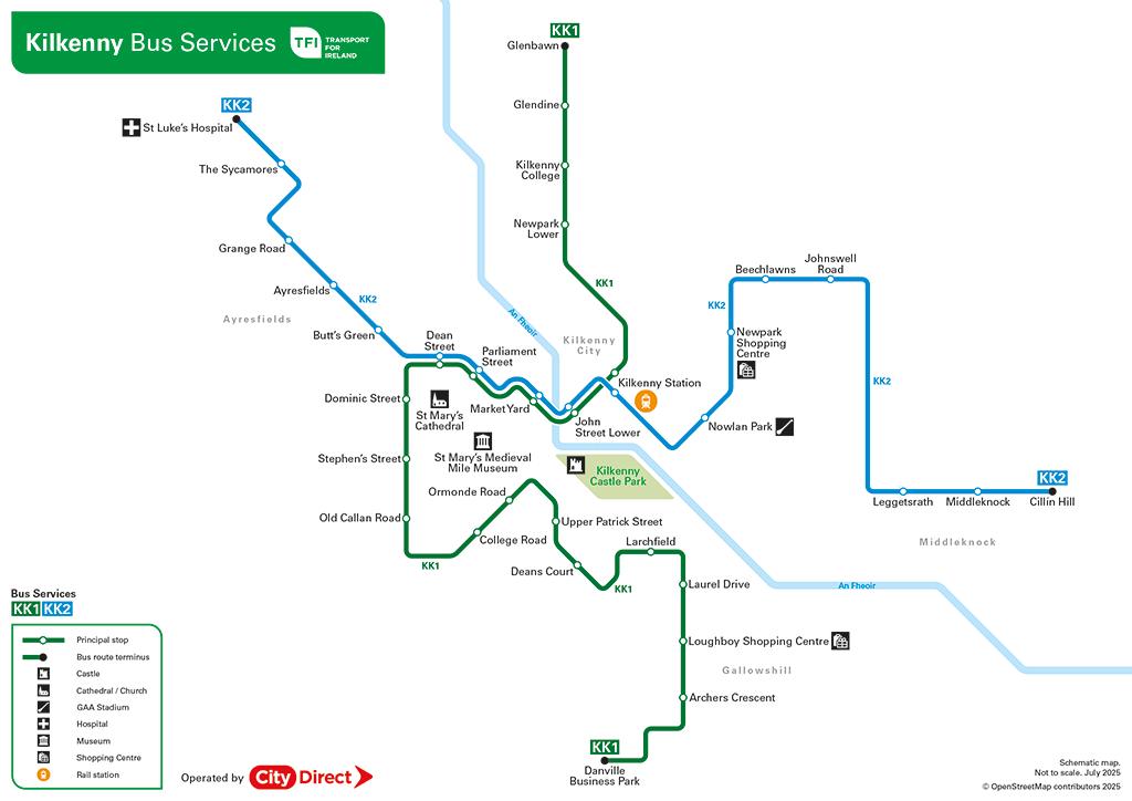 Kilkenny bus services map (png image format) for KK1 and KK2 routes 1024x724 pixels