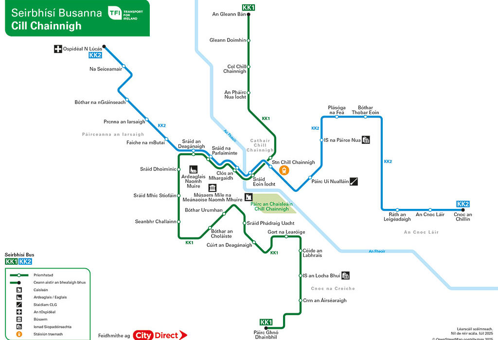 Kilkenny bus services map (JPG image format) for KK1 and KK2 routes 1024x724 pixels