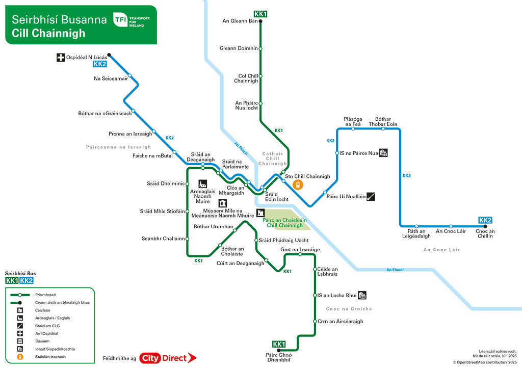 Kilkenny bus services map (JPG image format) for KK1 and KK2 routes 1024x724 pixels