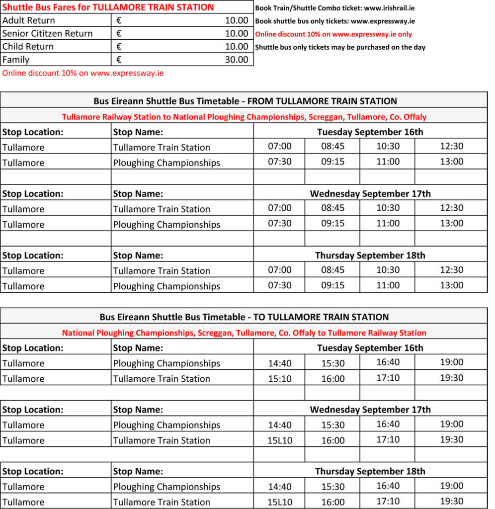 Shuttle from ploughing championships to Tullamore train station