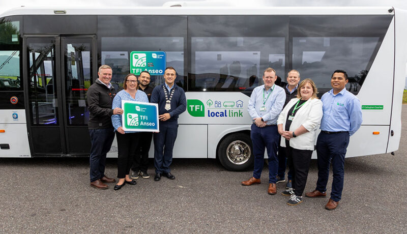 Announcing the launch of the National Transport Authority's & Local Link Kerry TFI Anseo Pilot in Killarney are L to R: Philip O'Callaghan, Director at O'Callaghan's Coaches; Blathin McElligott, Head of Corporate Services at the National Transport Authority; Mathew Cutajar, O’Callaghan Coaches Local Link Coordinator; Martin Grady, Mayor of Killarney; Alan O'Connell, General Manager at Local Link Kerry ; Johannes Horn, General Manager, O'Callaghan's Coaches; Siobhan O'Keeffe, Operations & Smart DRT Coordinator at Local Link Kerry and Rogie Mosquera, Driver with O'Callaghans Coaches
