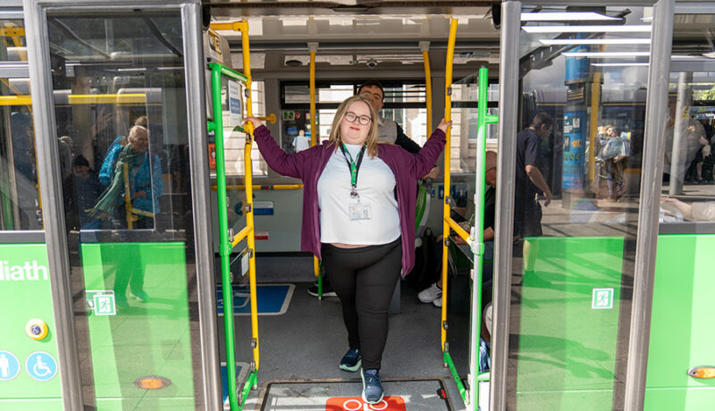 NTA-and-Down syndrome ireland alighting from bus at exit door