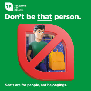 Dont be that person image of person with bag taking up seat beside him on a bus or train