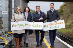 DART plus to be extended to Kilcock - on platform by Kilcock sign, with Anne Shaw, NTA, Mary Considine, Iarnr&oacute;d &Eacute;ireann, Darragh O&rsquo;Brien, Minister for Transport, Sean Canney Minister of State (Rail)
