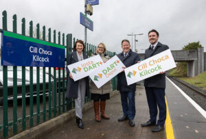DART plus to be extended to Kilcock - on platform by Kilcock sign, with Anne Shaw, NTA, Mary Considine, Iarnr&oacute;d &Eacute;ireann, Darragh O&rsquo;Brien, Minister for Transport, Sean Canney Minister of State (Rail)