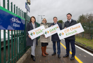 DART plus to be extended to Kilcock - on platform by Kilcock sign, with Anne Shaw, NTA, Mary Considine, Iarnr&oacute;d &Eacute;ireann, Darragh O&rsquo;Brien, Minister for Transport, Sean Canney Minister of State (Rail)