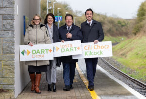 DART plus to be extended to Kilcock - on platform by Kilcock sign, with Anne Shaw, NTA, Mary Considine, Iarnr&oacute;d &Eacute;ireann, Darragh O&rsquo;Brien, Minister for Transport, Sean Canney Minister of State (Rail)
