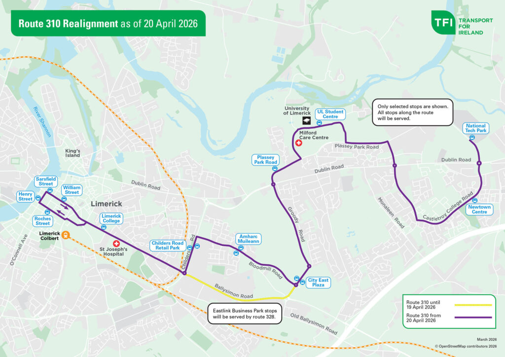 Limerick bus route 310-map in English size 2048x1448 pixels
