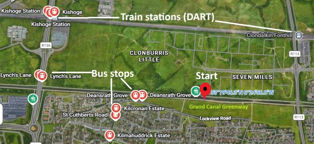 bus stops and train stations by Fastlane race start - Grand Canal Greenway