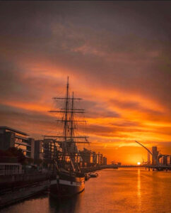 DCC Liffey Festival Pelican of London in The Liffey at sunset 725x900