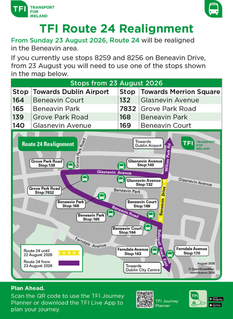 TFI Route 24 Realignment map and stops impacted